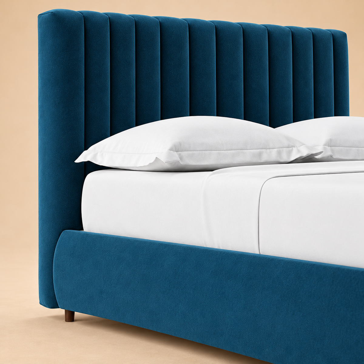 Porlock Fully Upholstered Bed without Storage — warm beige studio detail