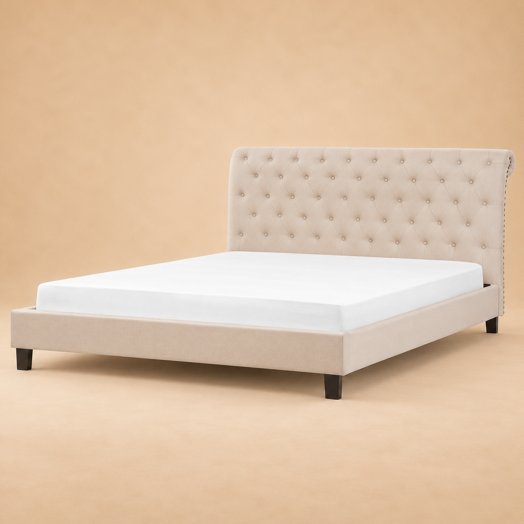 Riems Fully Upholstered Bed without Storage — warm beige studio view 3