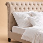 Riems Fully Upholstered Bed without Storage — warm beige studio detail