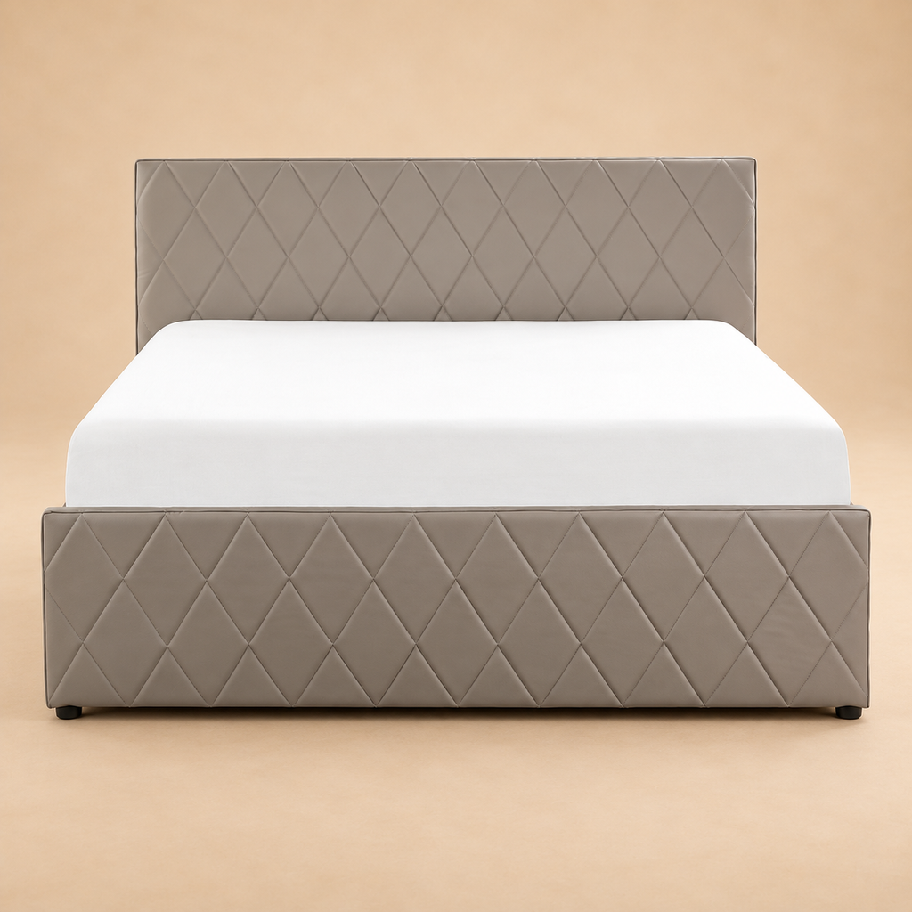 Rochfort Fully Upholstered Bed without Storage — warm beige studio view 2