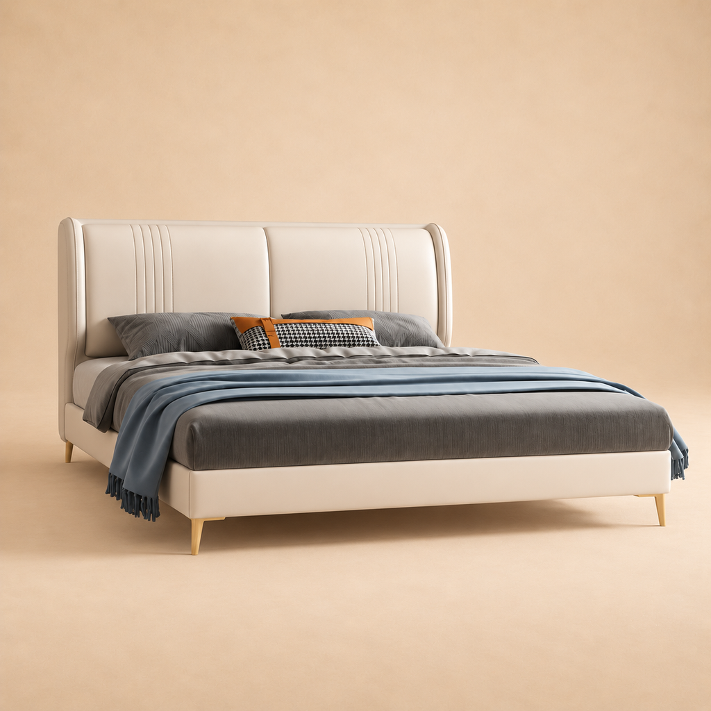 Rocking Upholstered Bed Without Storage In Leatherette — warm beige studio view 2