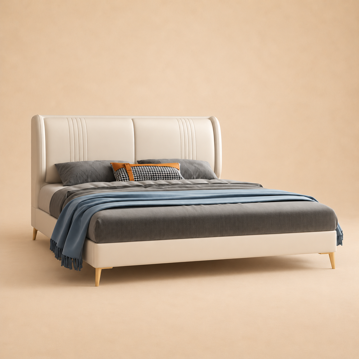 Rocking Upholstered Bed Without Storage In Leatherette — warm beige studio view 3