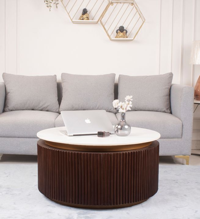 Orion Fluted Coffee Table with Dark Walnut Finish and Composite Marble Top | Coffee Table