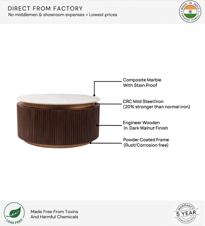 Orion Fluted Coffee Table with Dark Walnut Finish and Composite Marble Top | Coffee Table