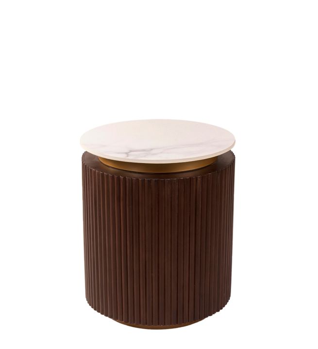 Orion Fluted Side Table with Dark Walnut Finish and Composite Marble Top | Side Table