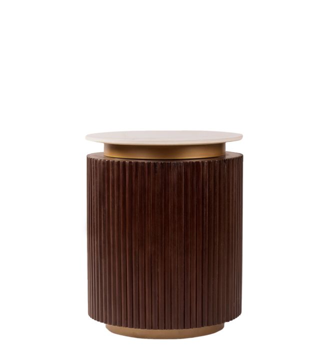 Orion Fluted Side Table with Dark Walnut Finish and Composite Marble Top | Side Table