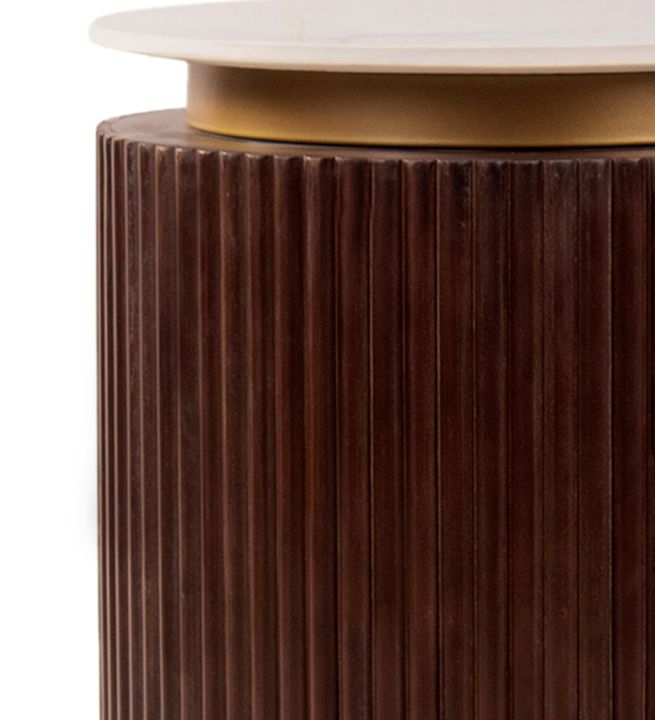 Orion Fluted Side Table with Dark Walnut Finish and Composite Marble Top | Side Table