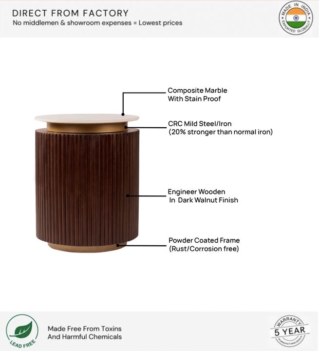 Orion Fluted Side Table with Dark Walnut Finish and Composite Marble Top | Side Table
