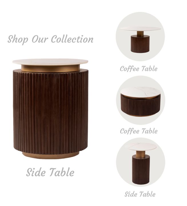 Orion Fluted Side Table with Dark Walnut Finish and Composite Marble Top | Side Table