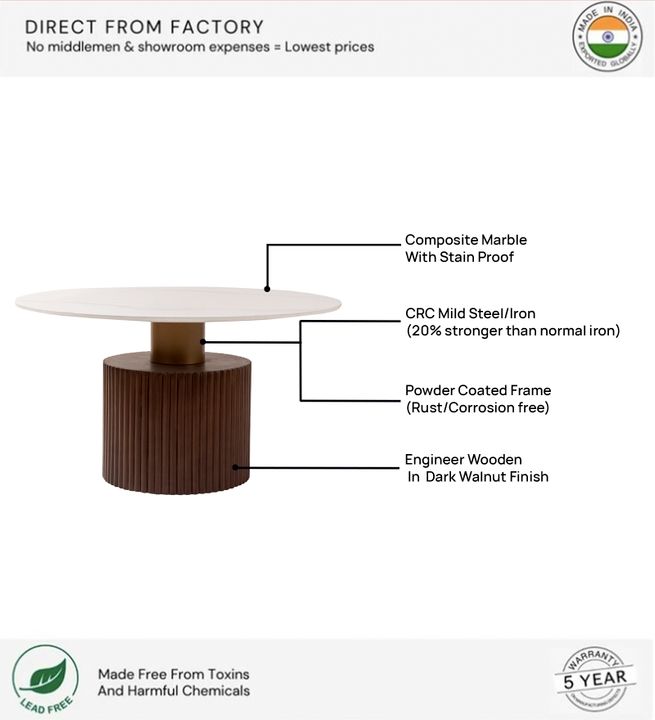Ventura Fluted Coffee Table with Dark Walnut Finish and Composite Marble Top | Coffee Table