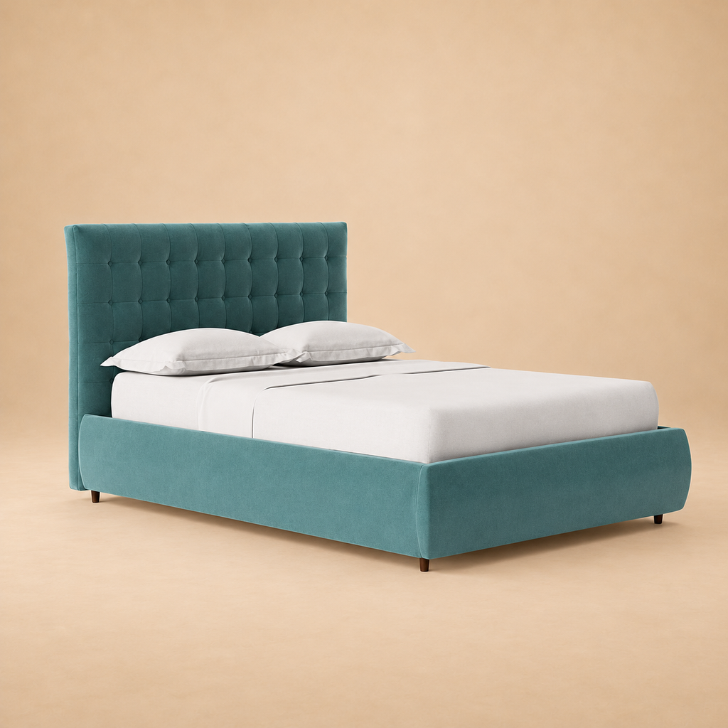 Sudrey Fully Upholstered Bed without Storage — warm beige studio view 2