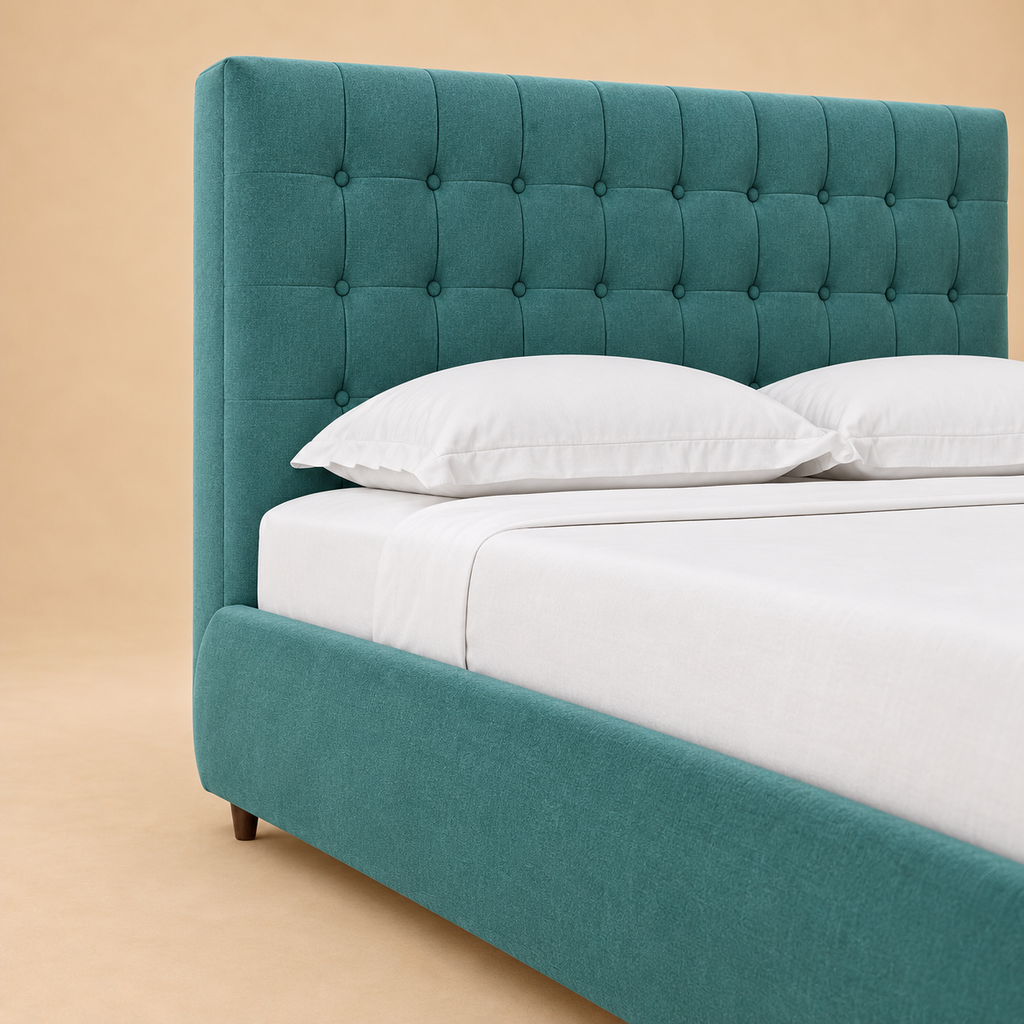 Sudrey Fully Upholstered Bed without Storage — warm beige studio detail