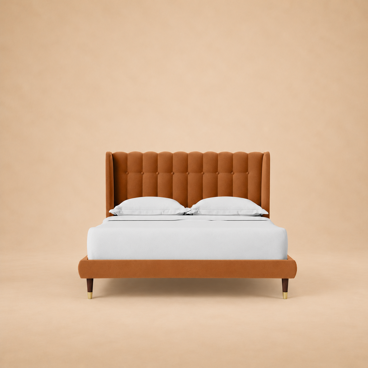 Svalbard Upholstered Bed — warm beige studio view 2