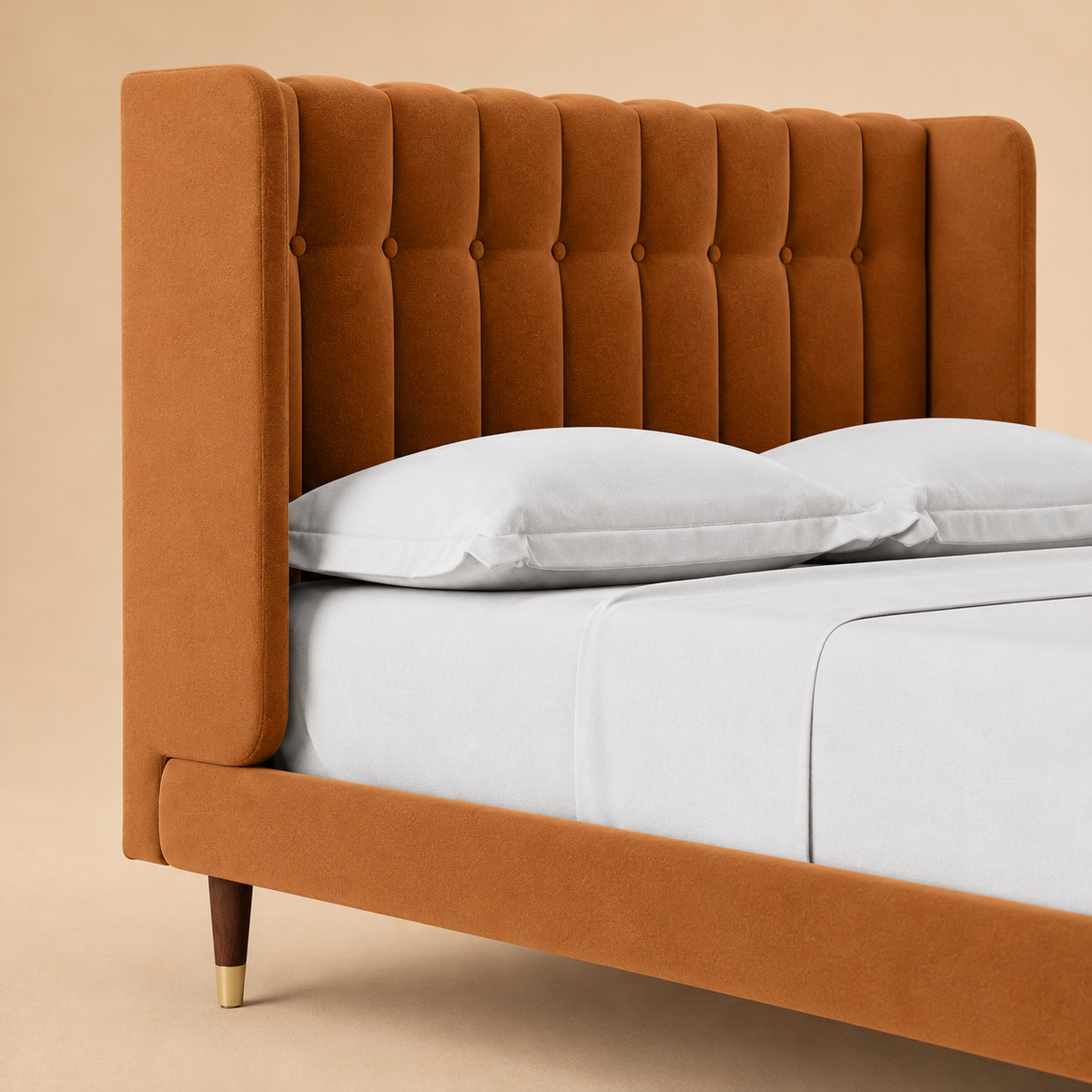 Svalbard Upholstered Bed — warm beige studio detail