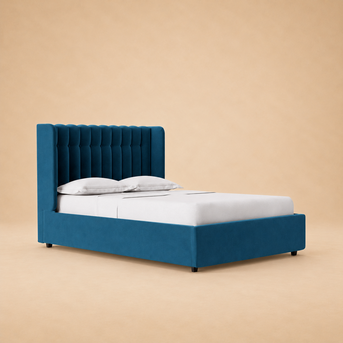 Svalbard Upholstered Hydraulic Storage Bed — warm beige studio view 2