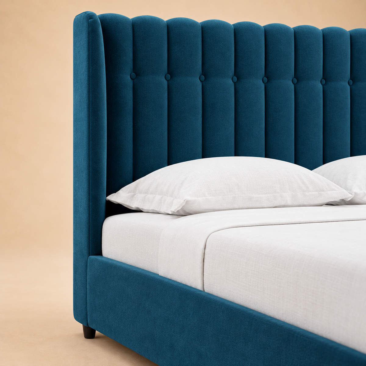 Svalbard Upholstered Hydraulic Storage Bed — warm beige studio detail