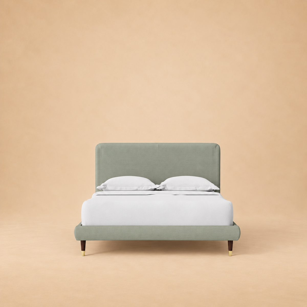 Sven Upholstered Bed — warm beige studio view 2