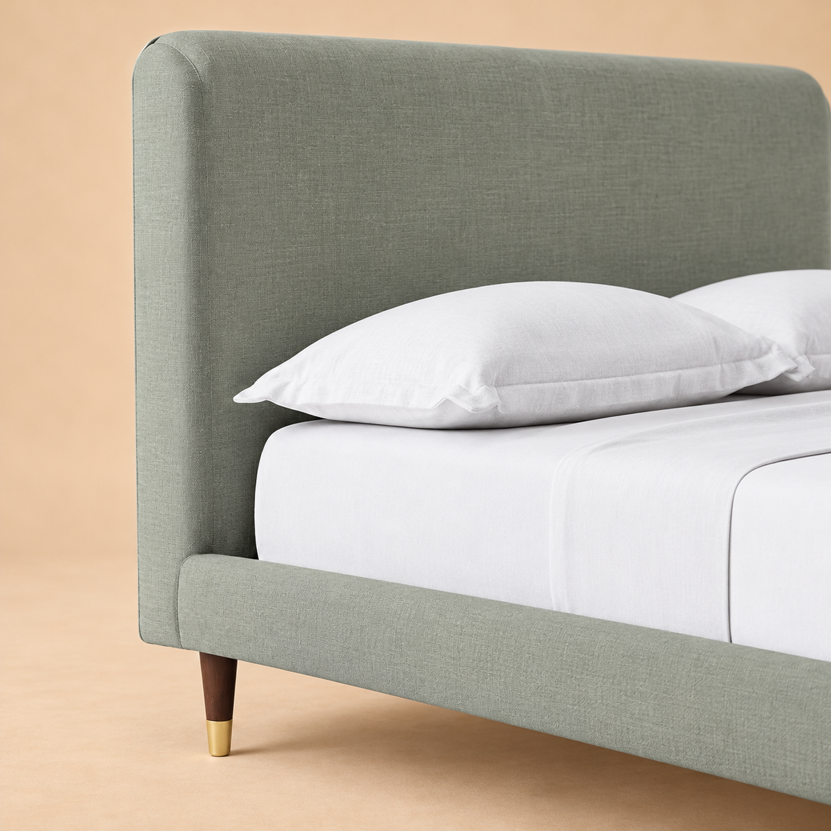 Sven Upholstered Bed — warm beige studio detail