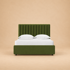 Swanson Upholstered Hydraulic Storage Bed — warm beige studio view 2