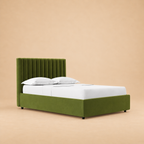 Swanson Upholstered Hydraulic Storage Bed — warm beige studio view 3