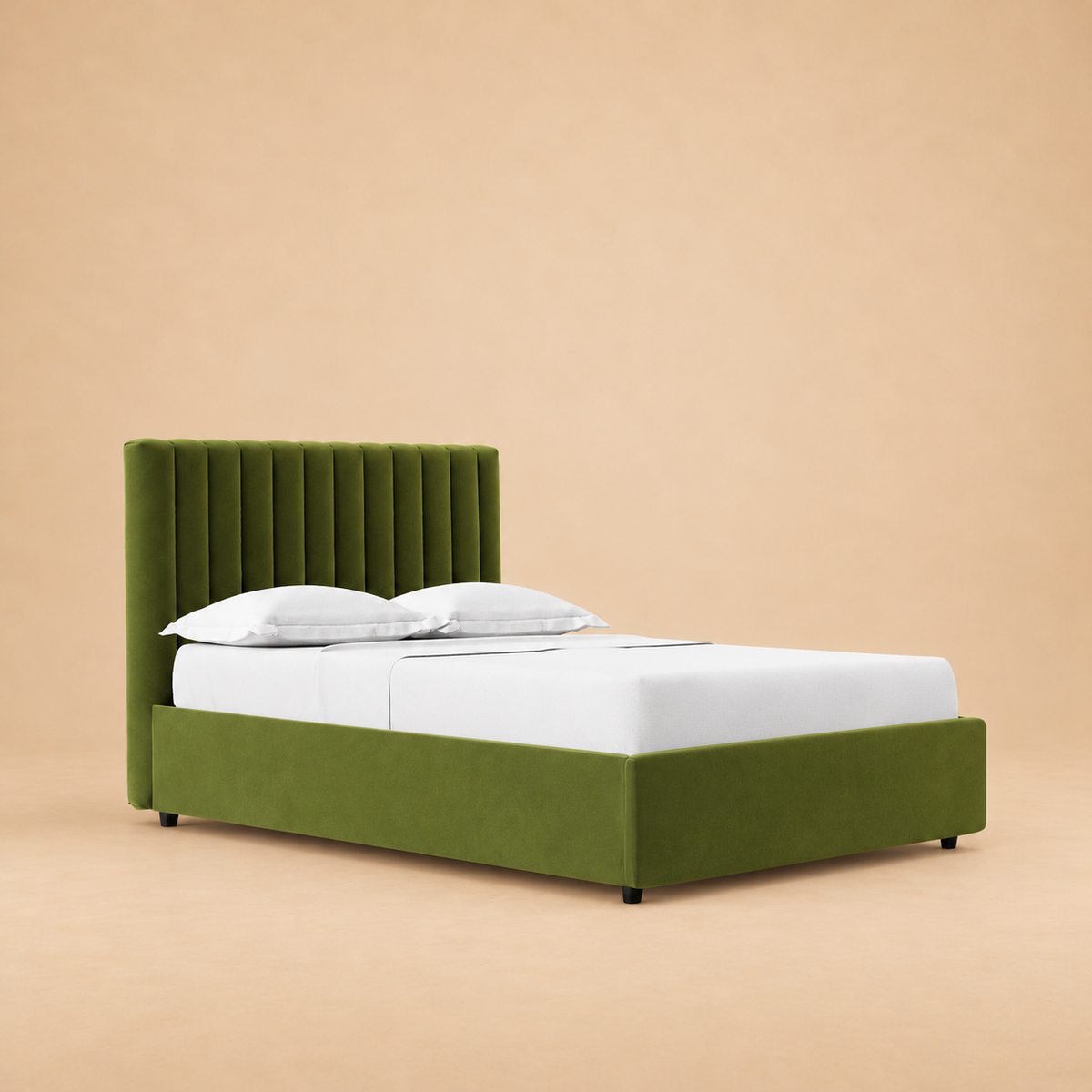 Swanson Upholstered Hydraulic Storage Bed — warm beige studio view 3