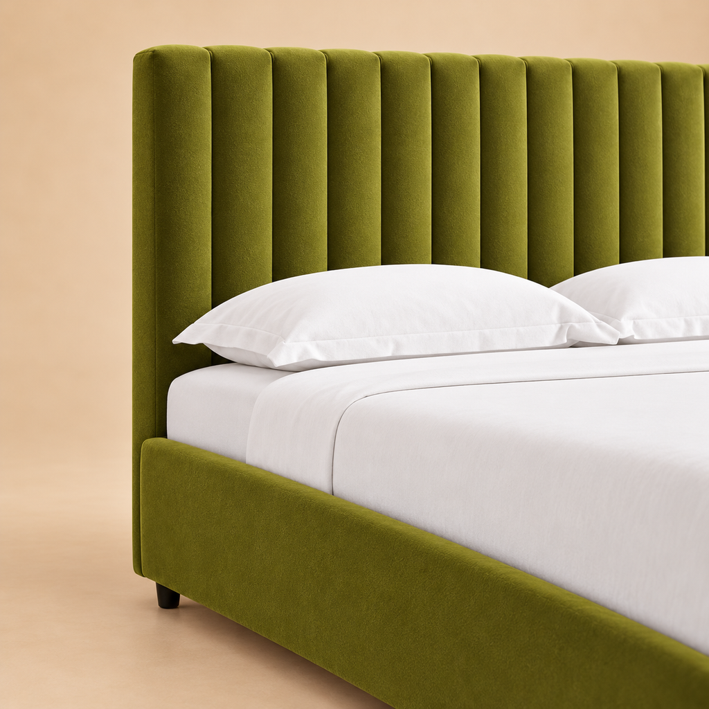 Swanson Upholstered Hydraulic Storage Bed — warm beige studio detail