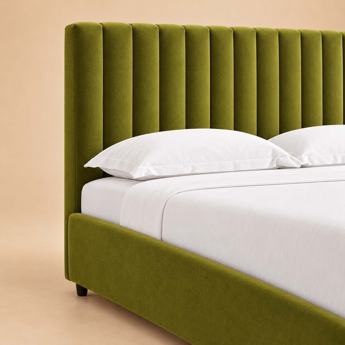 Swanson Upholstered Hydraulic Storage Bed — warm beige studio detail