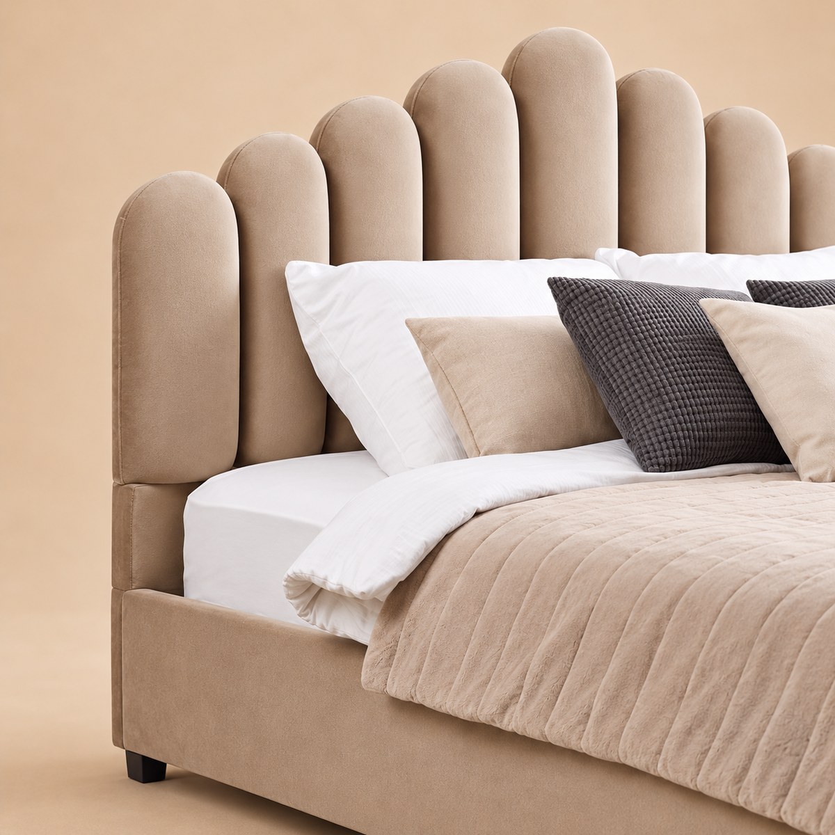 Vincenned Fully Upholstered Bed without Storage — warm beige studio detail