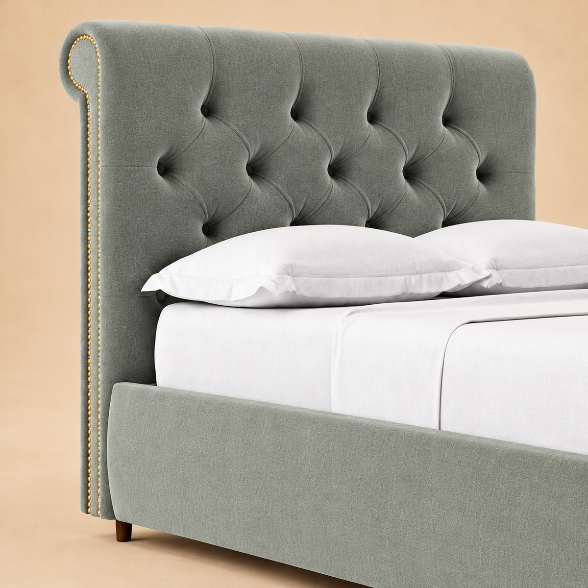 Winston Fully Upholstered Bed without Storage — warm beige studio detail